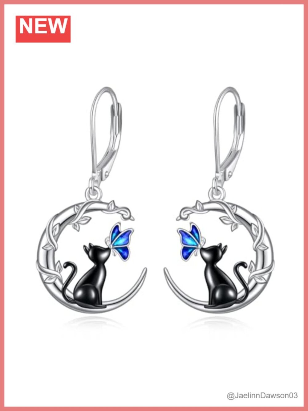 Sterling Silver Cat Moon Dangle Earrings Filigree Drop Gift